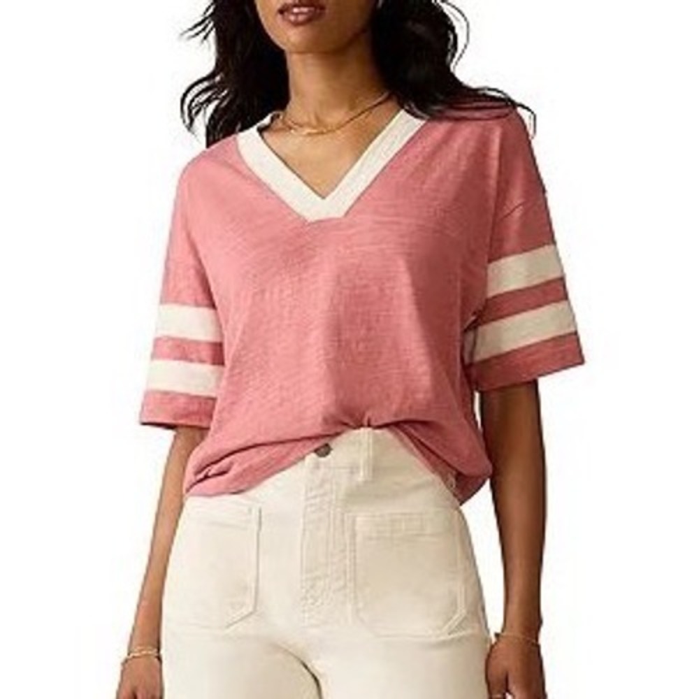 Faherty Sunwashed Organic Cotton V-Neck Top Womens Casual Size Medium Pink